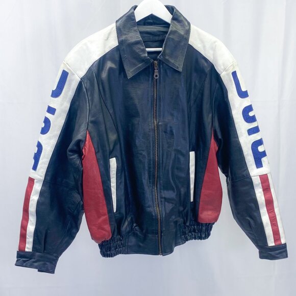 Vintage Leather USA Flag Bomber Jacket Leather King Biker Coat - Picture 5 of 14